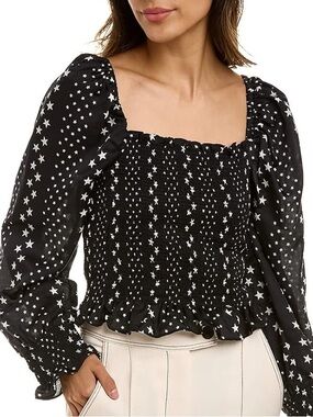 LoveShackFancy Russell Silk Black & White Star Top, NEW
